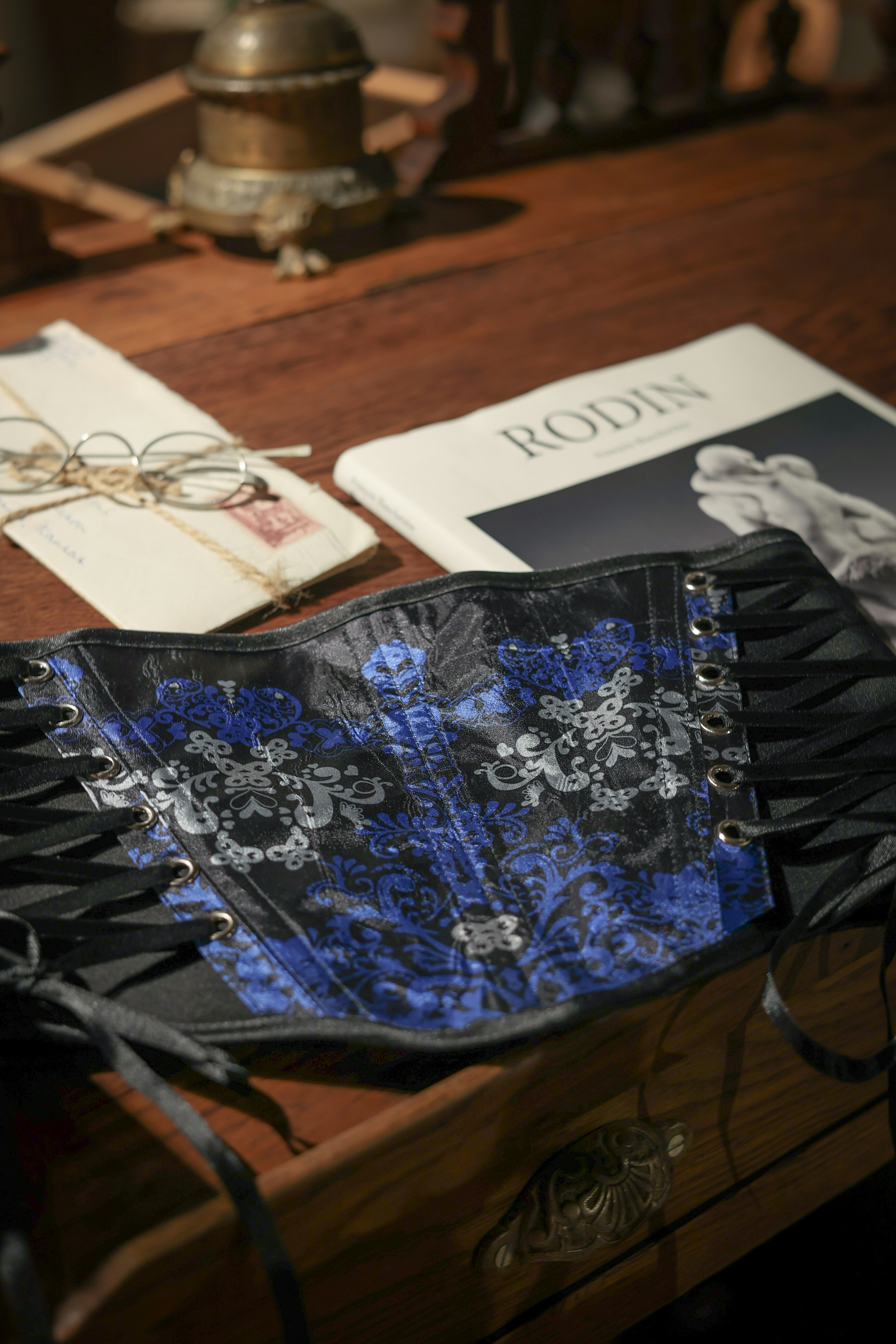 a purse sitting on top of a wooden table