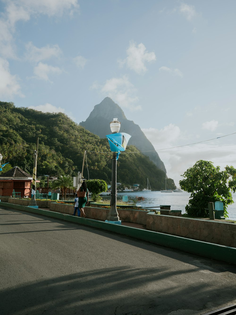 a woman walking down a street next to a mountain