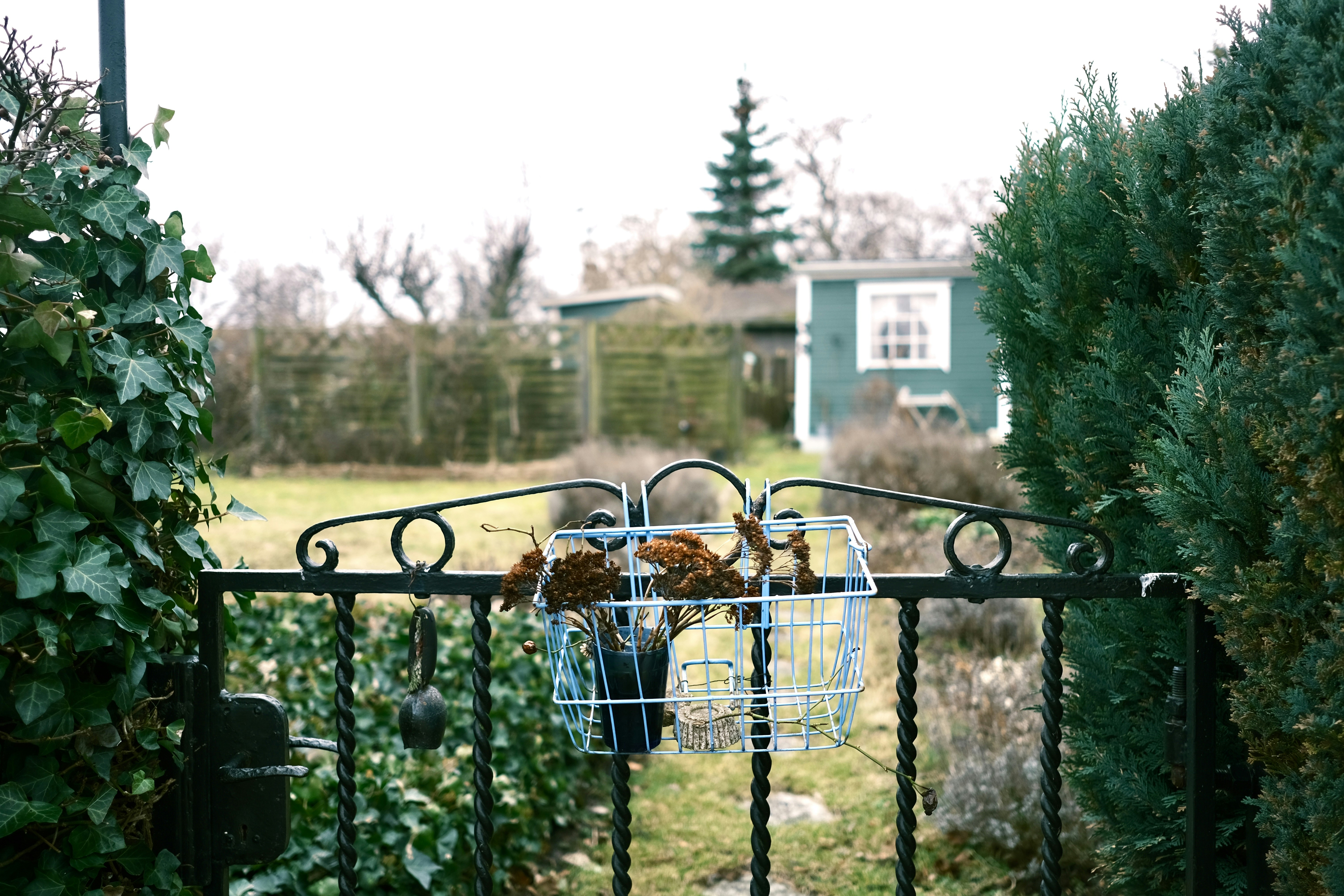a basket of stuff sitting on top of a metal fence