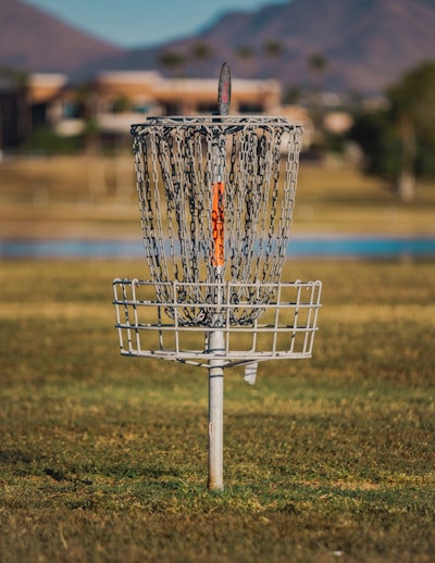 A disc golf basket is set in a grassy field with a blurred background of trees and distant mountains. The basket is metallic with chains and a single orange marking.