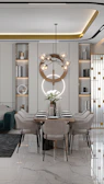 Minimalist dining area with a sleek chandelier made of glass orbs reflecting soft light.