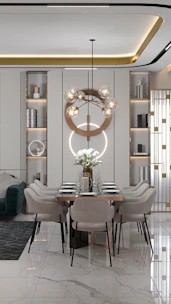 a dining room with a table and chairs