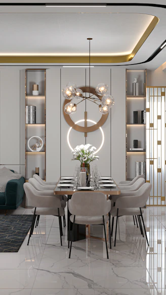 a dining room with a table and chairs