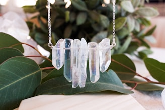 A necklace with a series of clear, elongated crystals hangs against a backdrop of green leaves. The crystals are suspended horizontally by a thin silver chain, reflecting light in various colors. The background consists of soft-focus foliage.