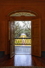 Rustic wooden door opening to a balcony overlooking lush pine trees at sunset.