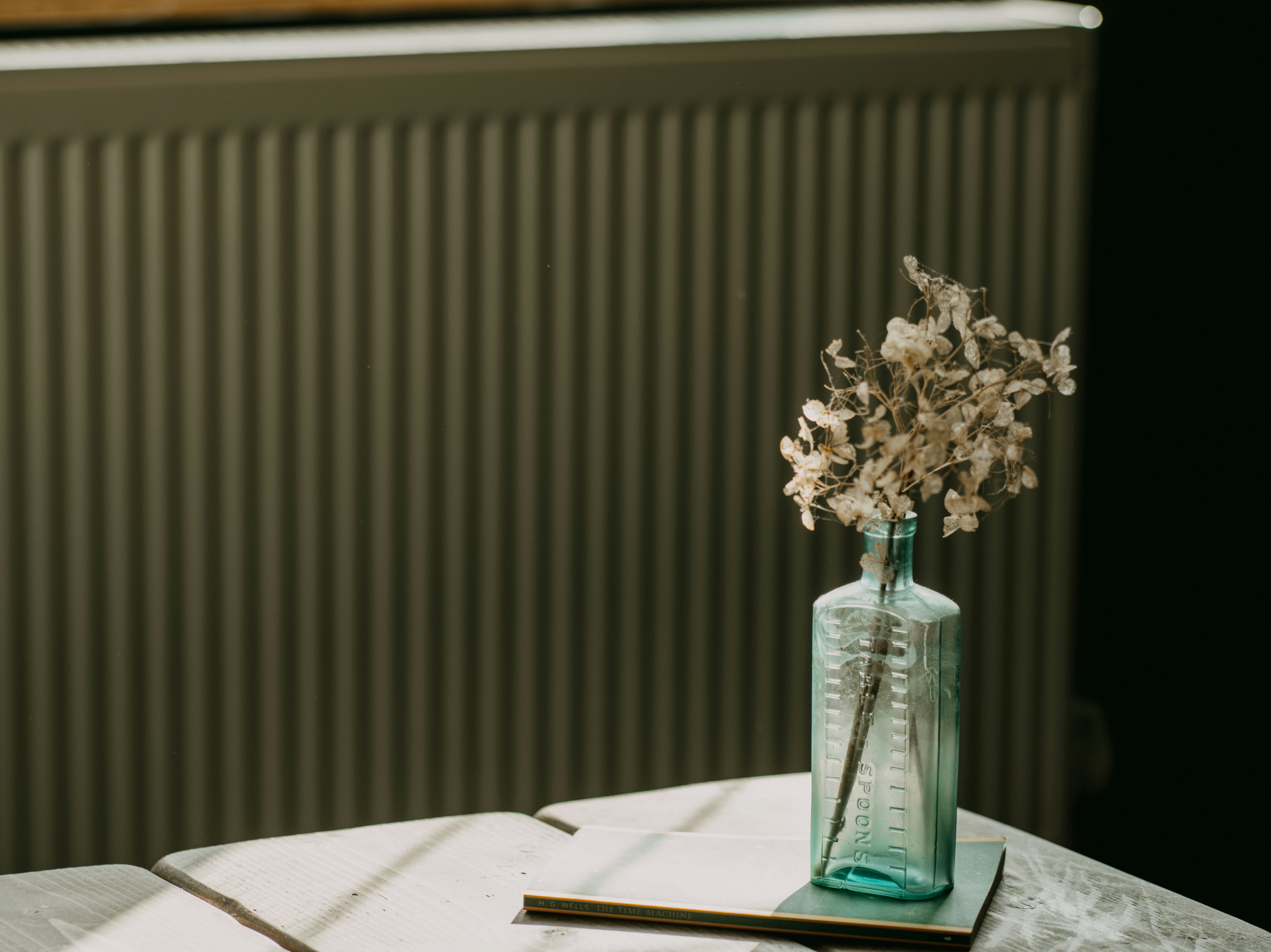 a vase with dried flowers sitting on a table