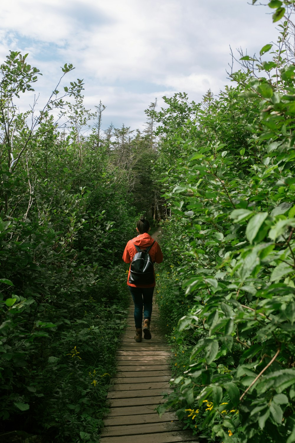 a person with a backpack walking down a wooden path