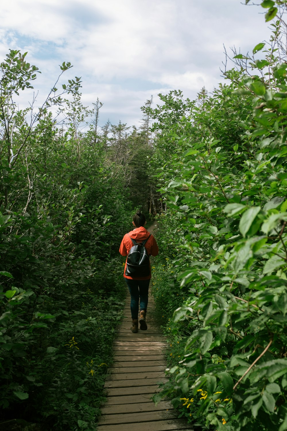 Una persona con una mochila caminando por un sendero de madera