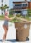 A woman wearing a striped swimsuit and heart-shaped sunglasses is standing on a sandy beach. She is holding the lid of a large brown trash bin, positioned next to a beach access sign. In the background, there are palm trees and two buildings, one of which is orange with white railings.
