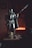 A detailed figurine of a sci-fi character in armor holding a weapon is displayed on a base. Another character, resembling a small alien with large ears, is at the foot of the larger figure. The lighting is dramatic, with warm tones highlighting the figures against a dark background.