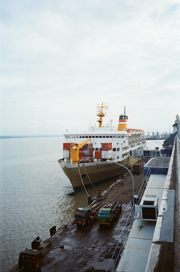 a large cruise ship docked at a dock