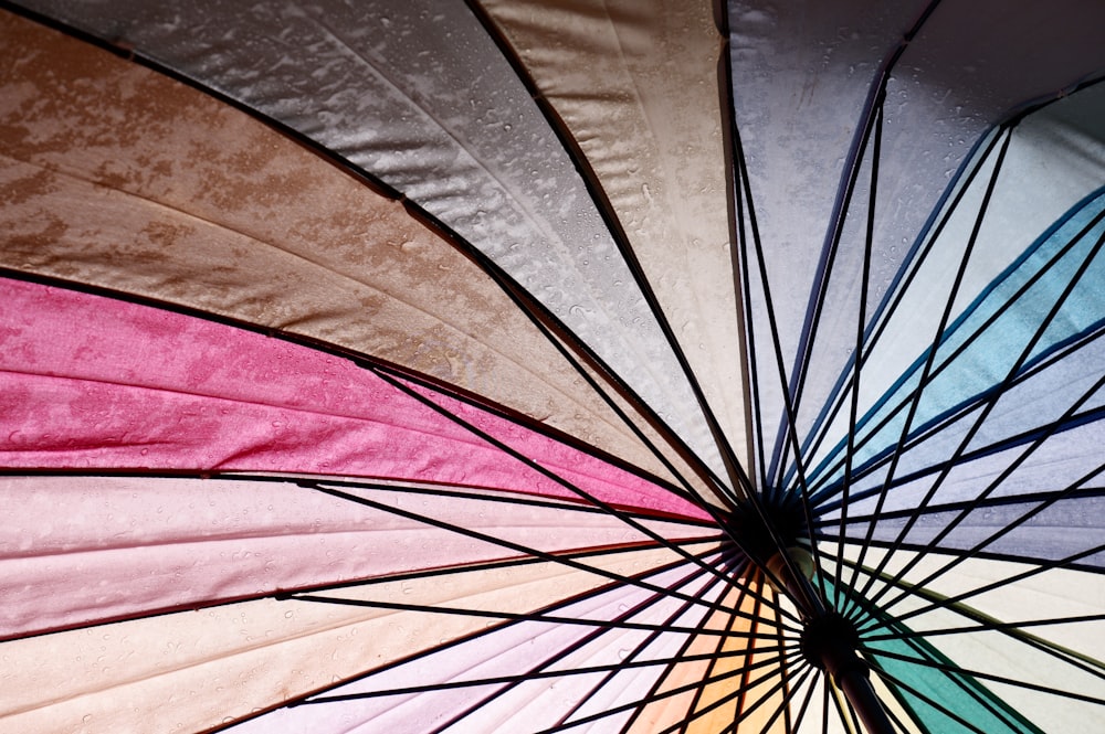 a close up of a colorful umbrella that is open