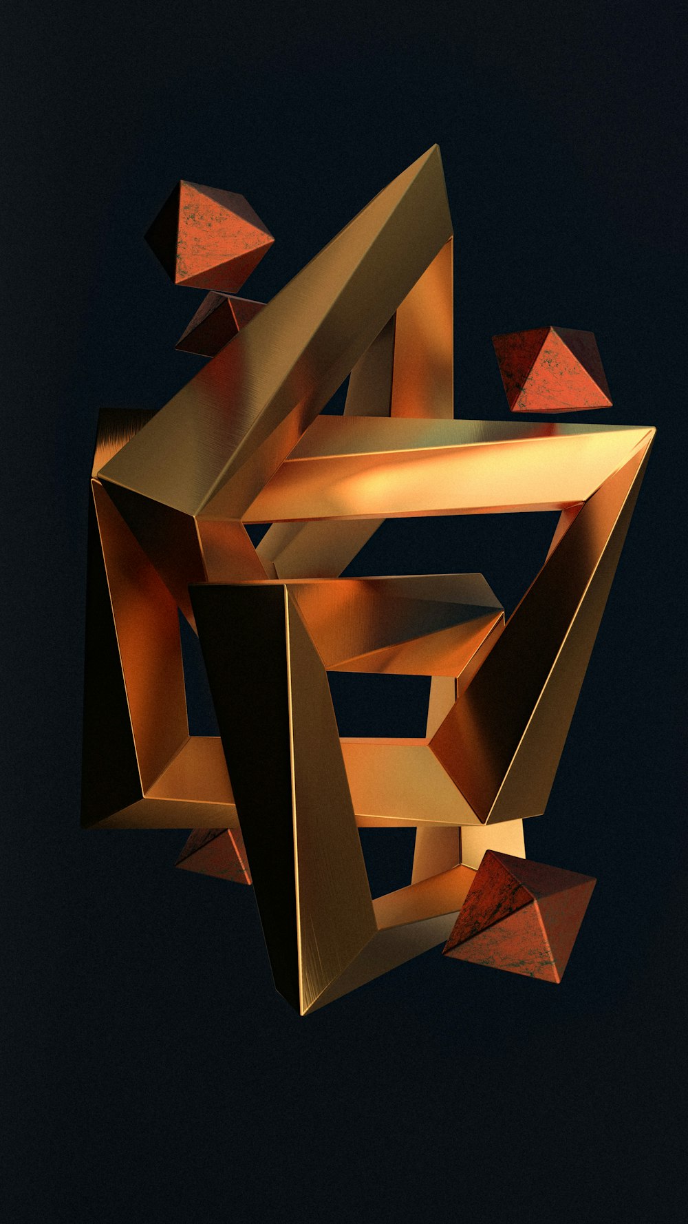 a gold sculpture is shown against a dark background