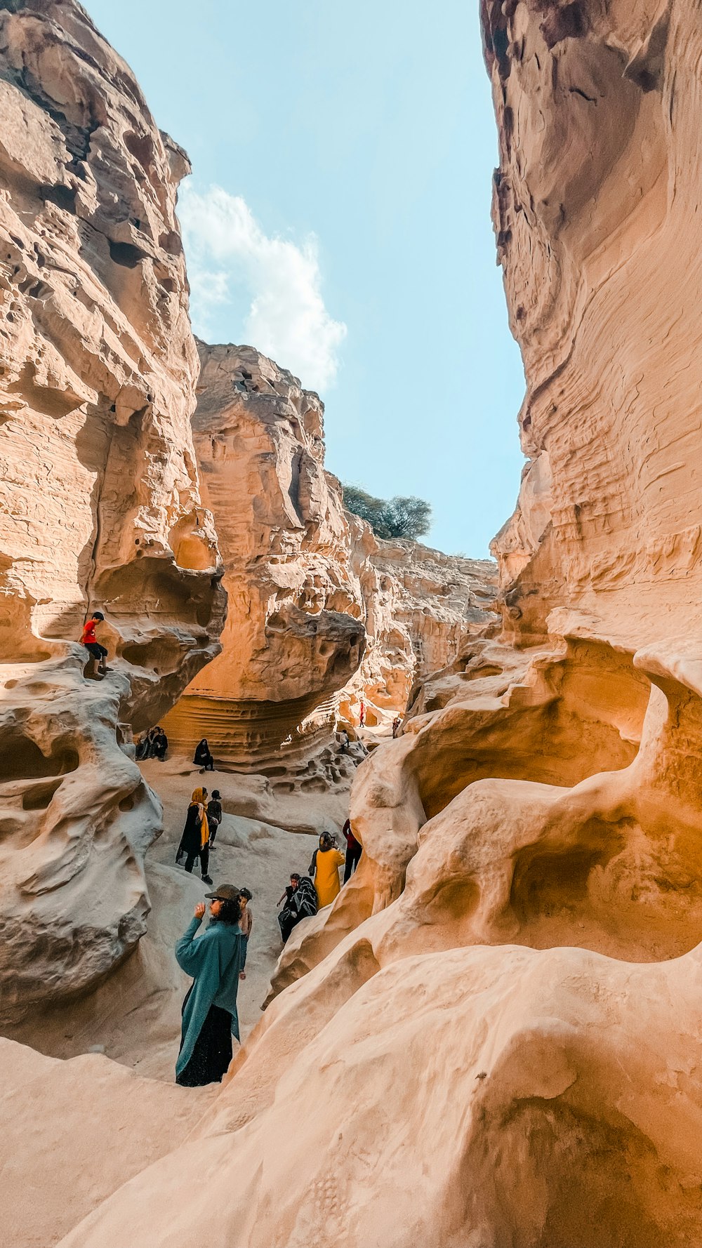 a group of people hiking through a canyon