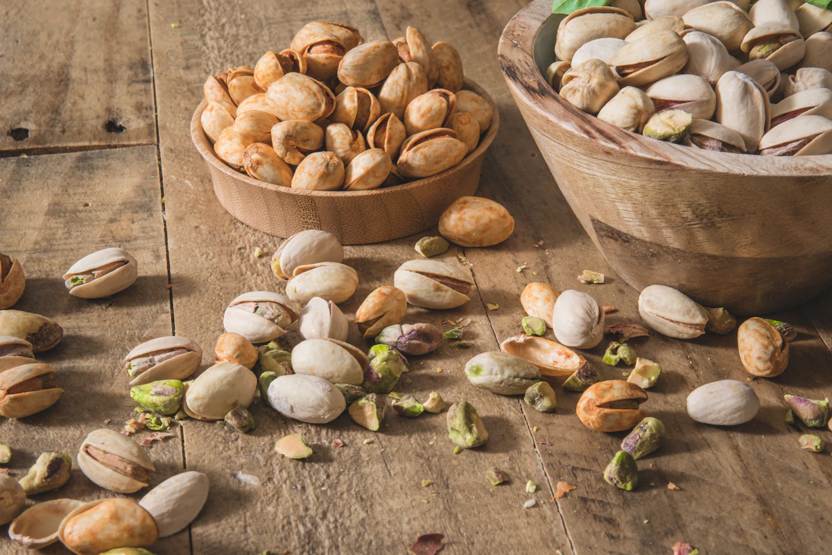 Pistachios in wooden bowls on a rustic table
