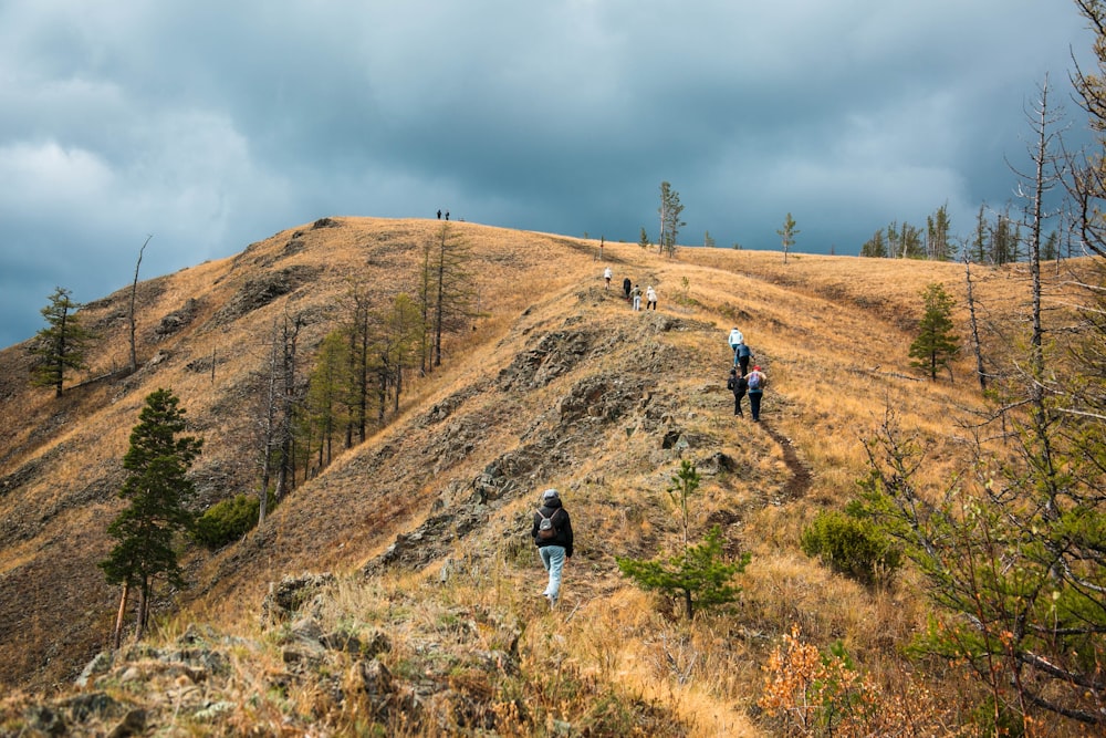 a group of people hiking up a hill
