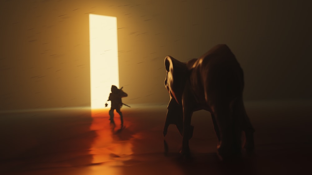 a person standing next to a horse in a room