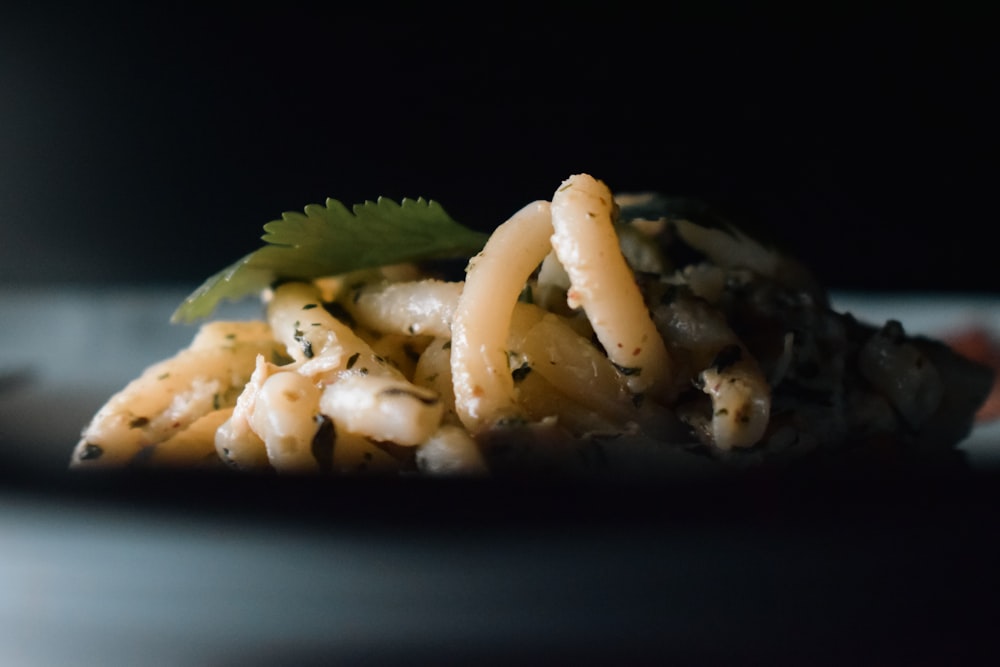 a plate of pasta with a garnish of parsley