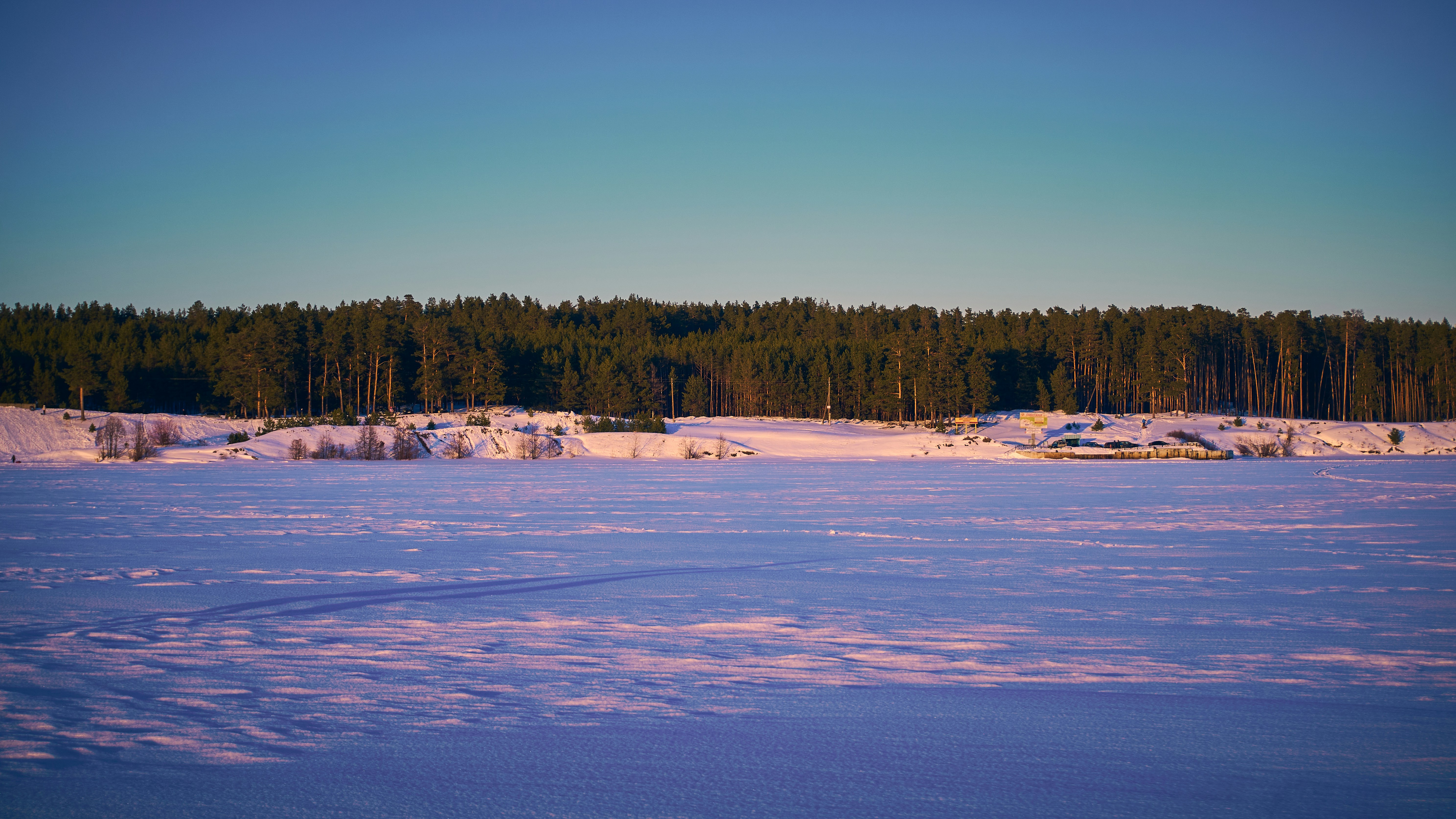 a snow covered field with trees in the background