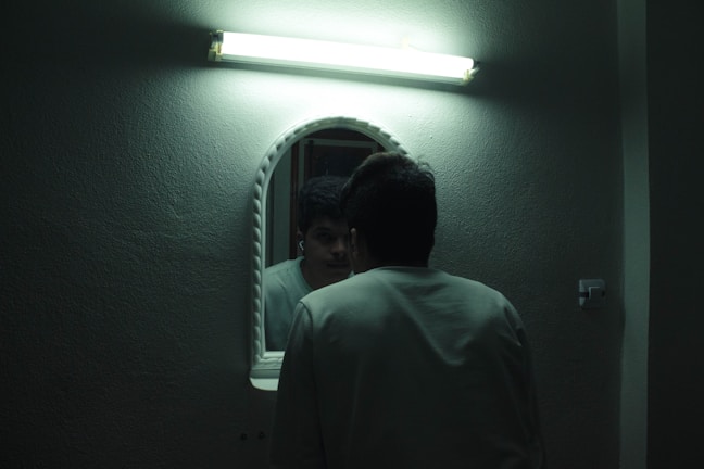 A frosted glass vanity light illuminating a bathroom mirror with soft, flattering light.
