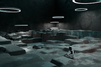 A shadowy figure examining a glowing ancient artifact in a dimly lit futuristic room.
