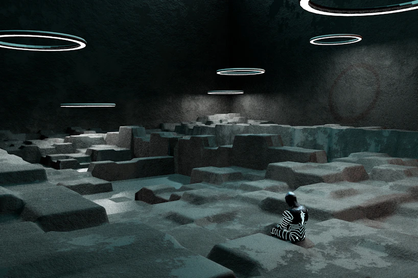 Futuristic man meditating with neon blue and red lights in a dark room