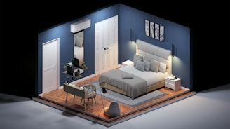 a bed room with a neatly made bed and a desk