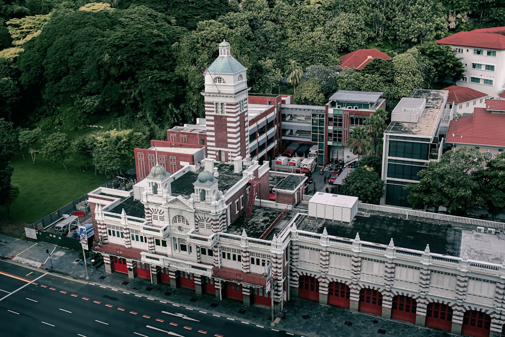 an aerial view of a building with a clock tower