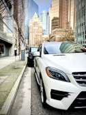 A white SUV ready for a business trip on a city street