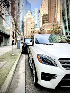 A white SUV ready for a business trip on a city street