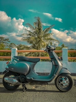 A motor scooter is parked by a white and orange barrier on a road. Behind the scooter, a tall palm tree stands against a bright blue sky with scattered clouds.
