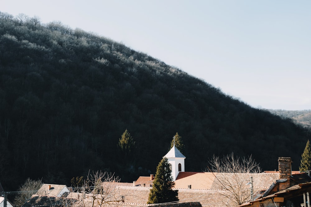 a small village with a steeple in the background