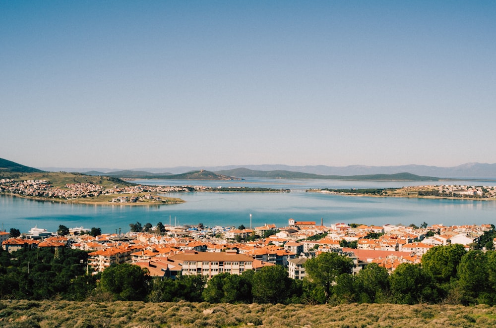 a view of a city and a lake from a hill