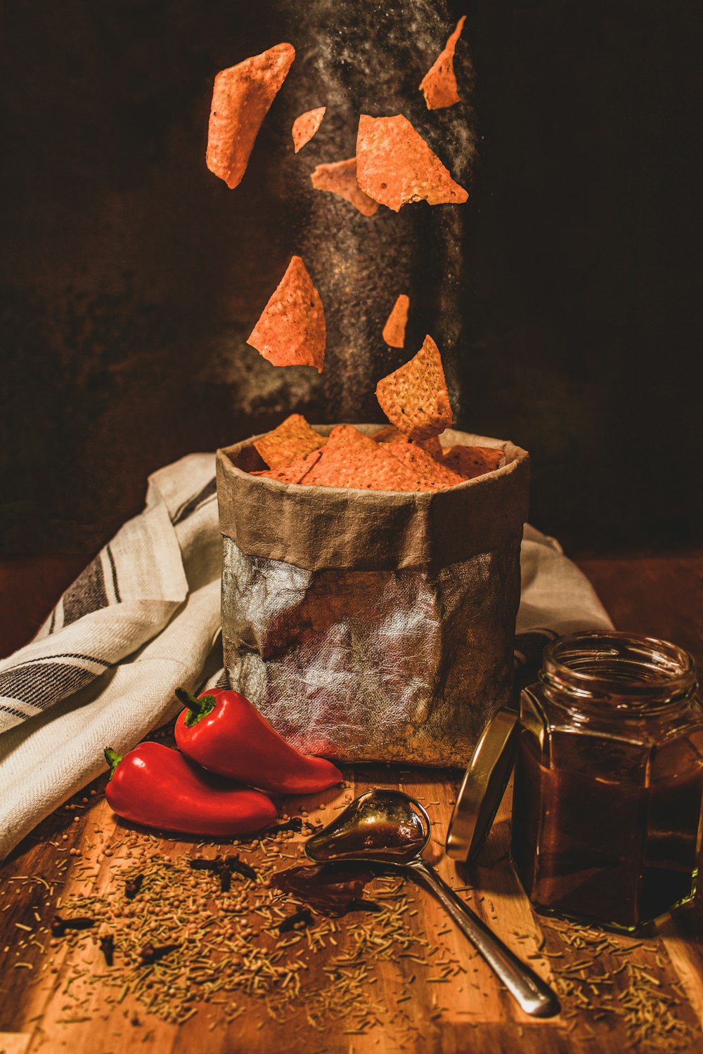 a wooden table topped with lots of food