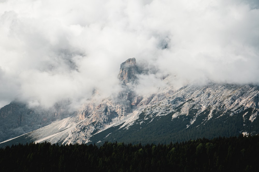 a mountain covered in clouds and trees