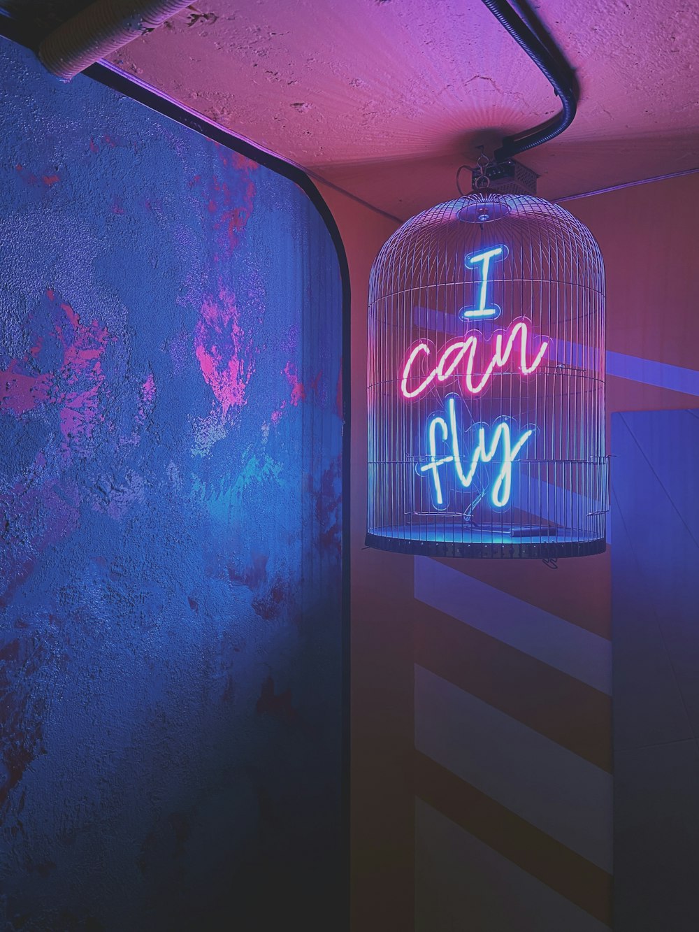 a neon sign that says i can fly in a cage