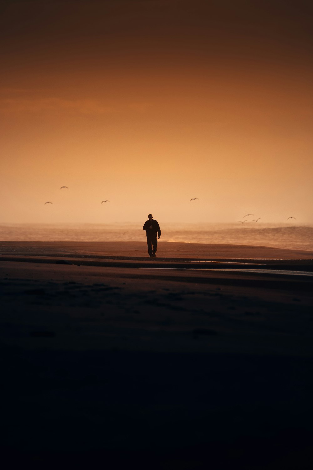 a person walking on a beach at sunset