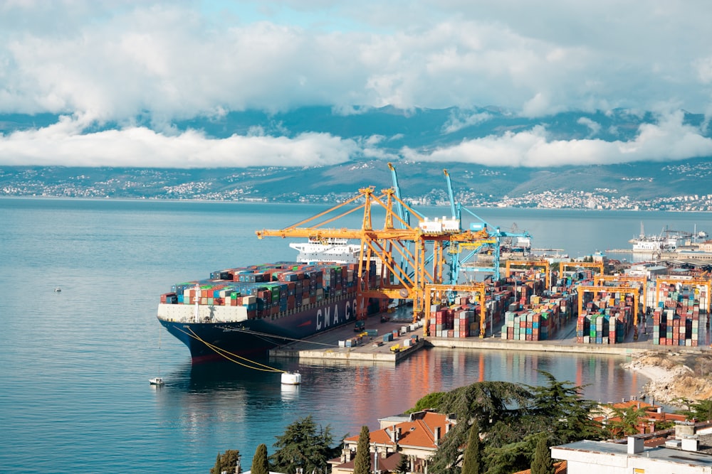 a large cargo ship in the middle of a body of water