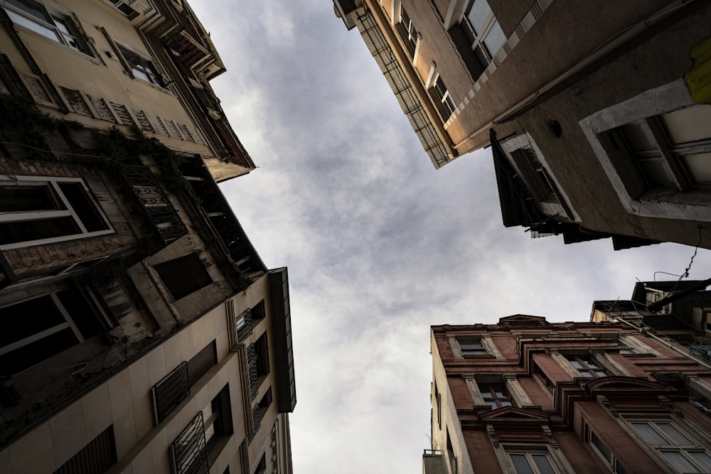 looking up at tall buildings in a city