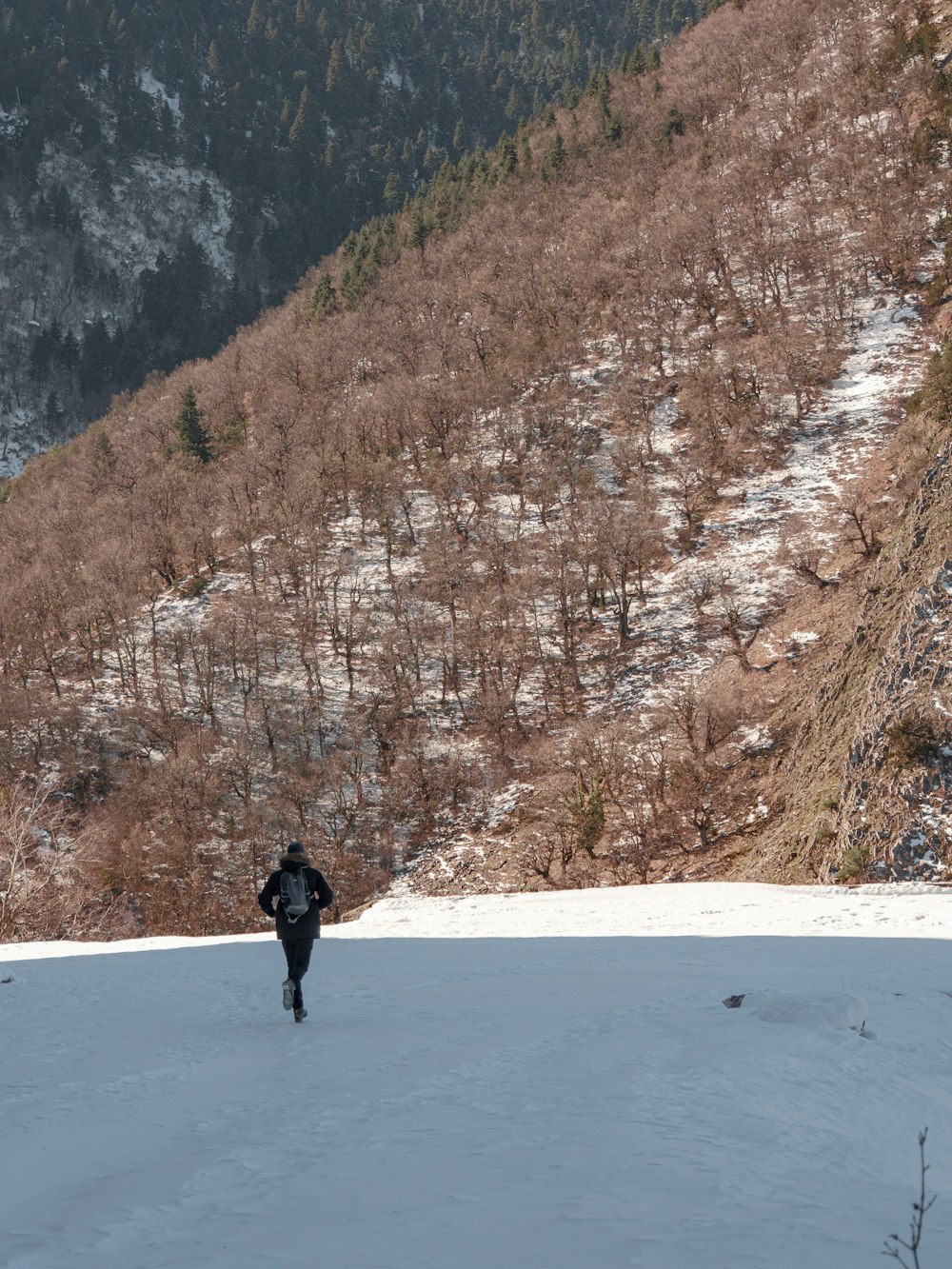 a man walking across a snow covered field