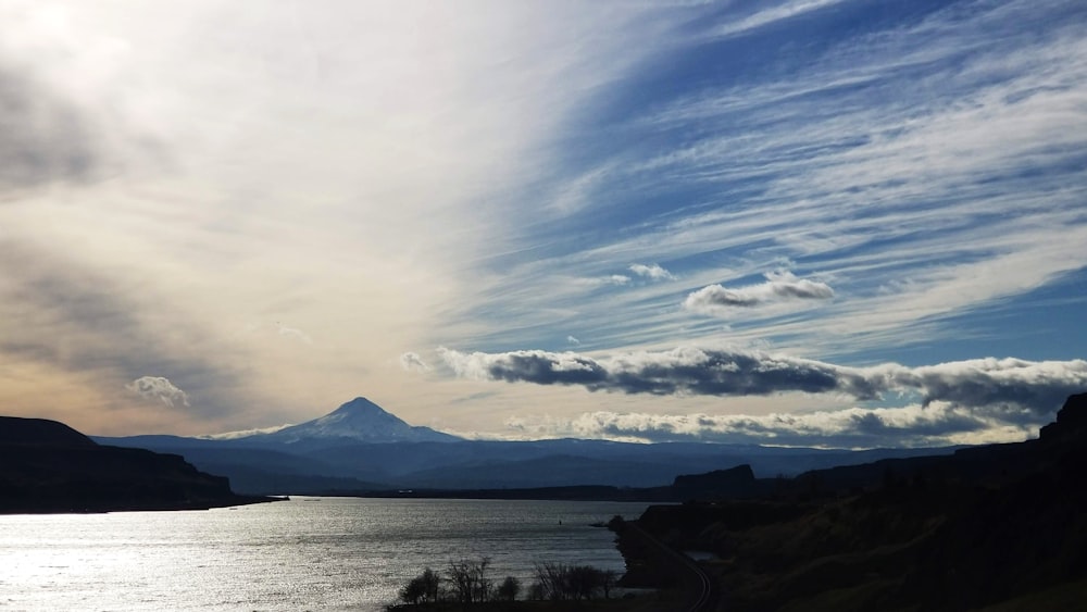 a lake with a mountain in the background