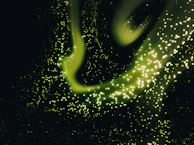 A countdown timer with pulsating animation in green and gold colors, set against a dark blue background with subtle particle effects.