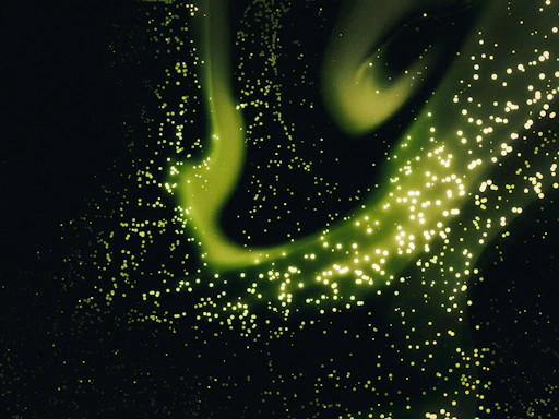 A sleek, glowing emerald-green holographic interface floating over a dark cosmic background with subtle bioluminescent flora.