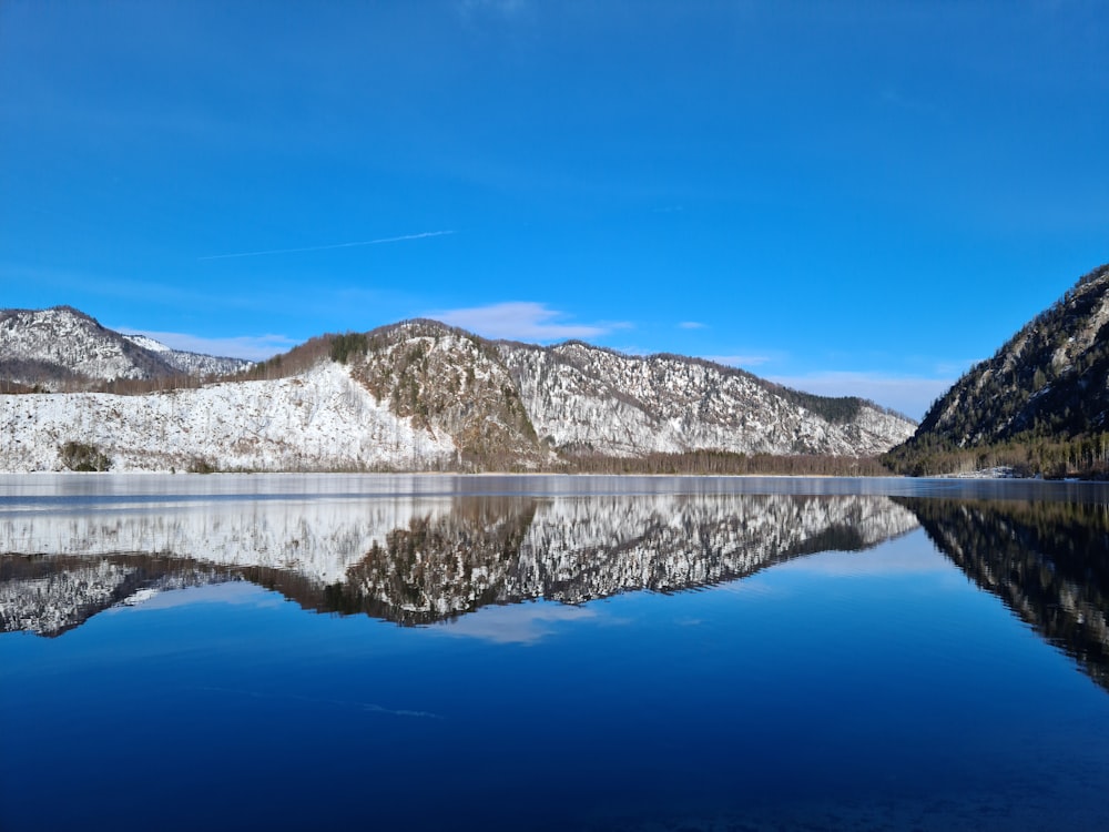 a lake surrounded by snow covered mountains and a blue sky