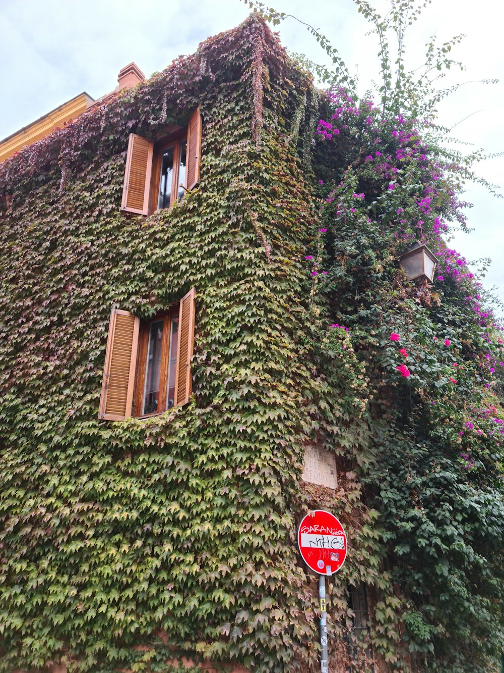 a very tall building covered in vines and flowers