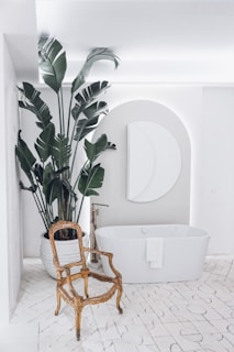 A modern bathroom with a ceramic sink and toilet, accented by green plants and soft lighting.