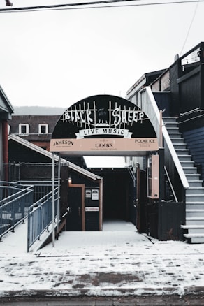 An entrance to a music venue with a snow-covered pathway leading up to a sign that reads 'Black Sheep Live Music.' The setting features a black and white color scheme with buildings on either side and an external staircase on the right.