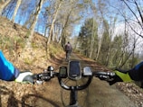 A dirt path is surrounded by tall, leafless trees on either side, possibly during late autumn or early spring. A person wearing a cycling outfit and gloves is riding a bicycle. The image is taken from the perspective of another cyclist, capturing the handlebars, complete with a cycling computer and bell, emphasizing the active cycling experience.