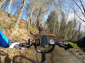 A dirt path is surrounded by tall, leafless trees on either side, possibly during late autumn or early spring. A person wearing a cycling outfit and gloves is riding a bicycle. The image is taken from the perspective of another cyclist, capturing the handlebars, complete with a cycling computer and bell, emphasizing the active cycling experience.