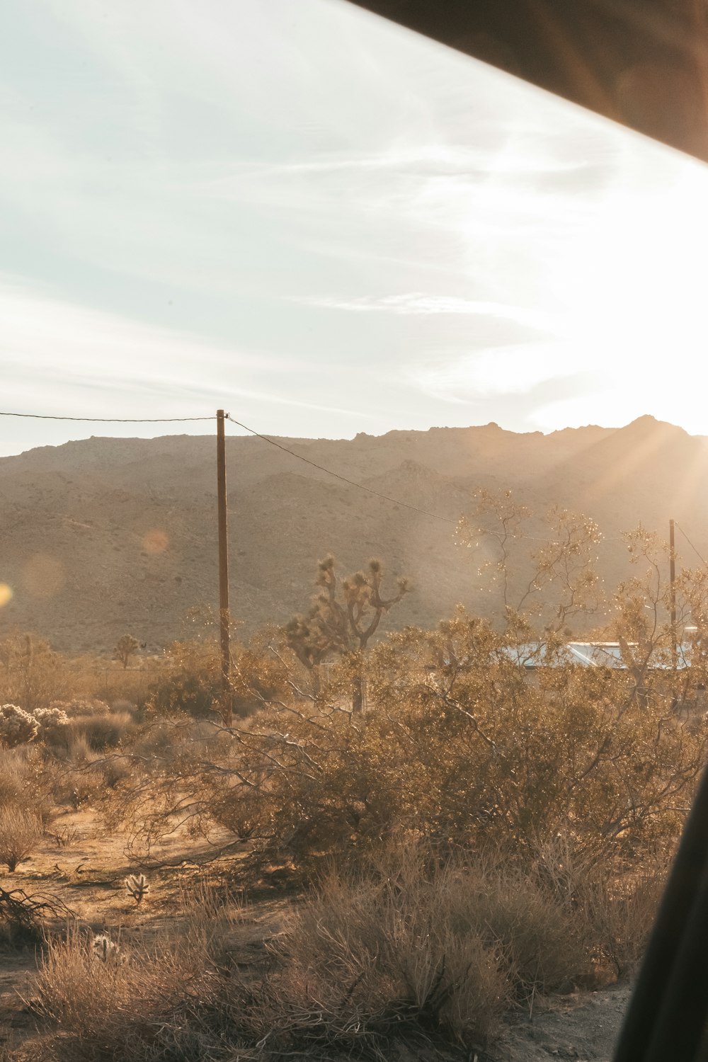 the sun shines brightly on a desert landscape